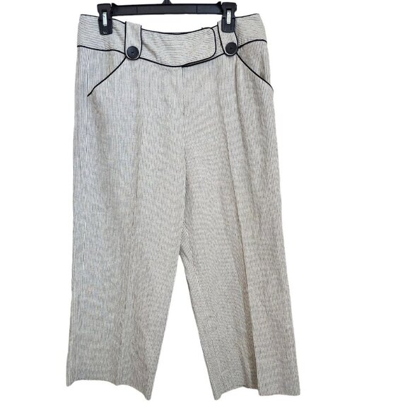 Larry Levine Womens Pants Size 10‎ Linen Ryon Wide Leg Crop Ivory Black Stripe - Picture 1 of 15